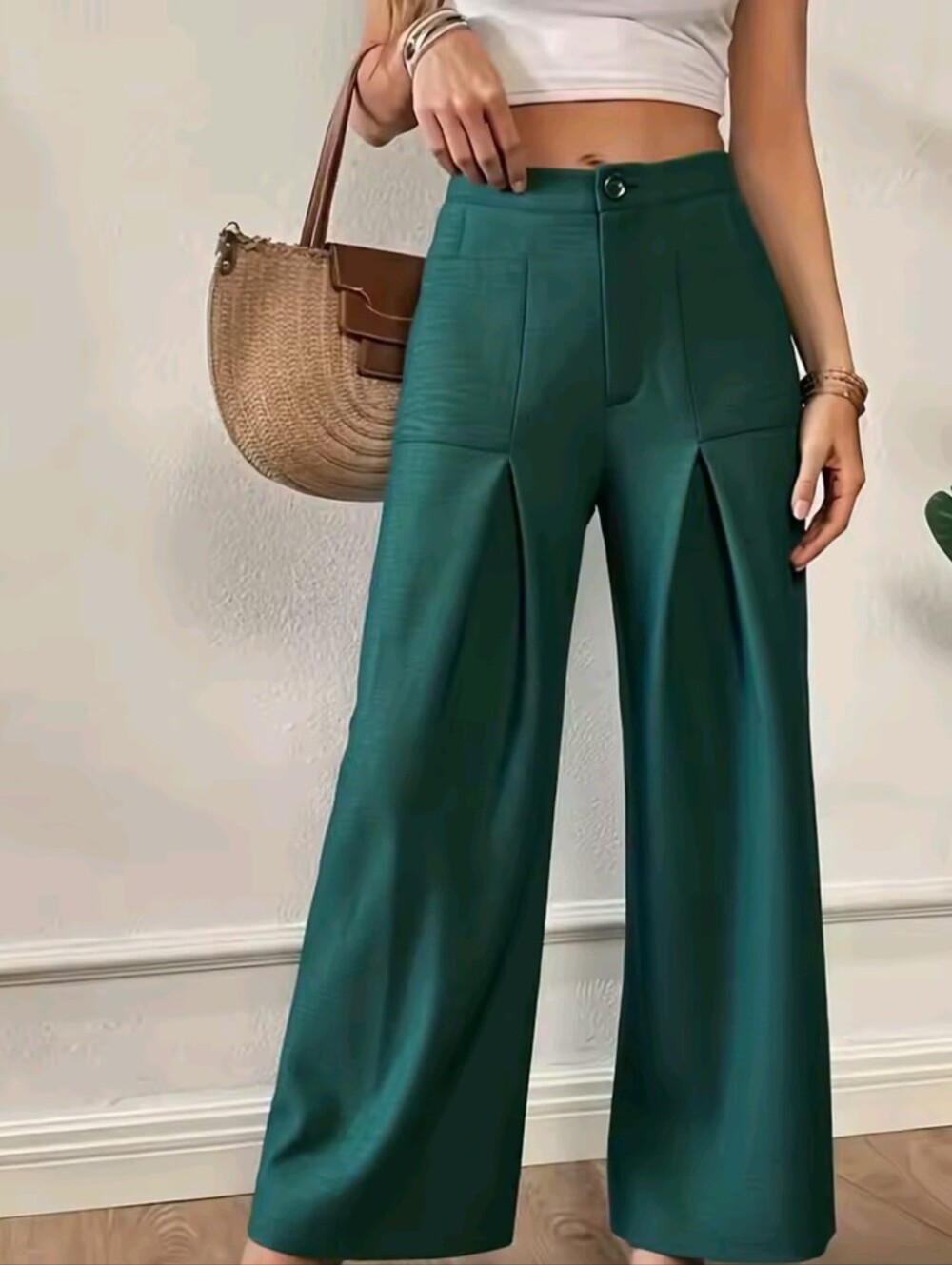 Women's Green Textured Wide Leg Pants High Waist Button Front Pleated Trousers